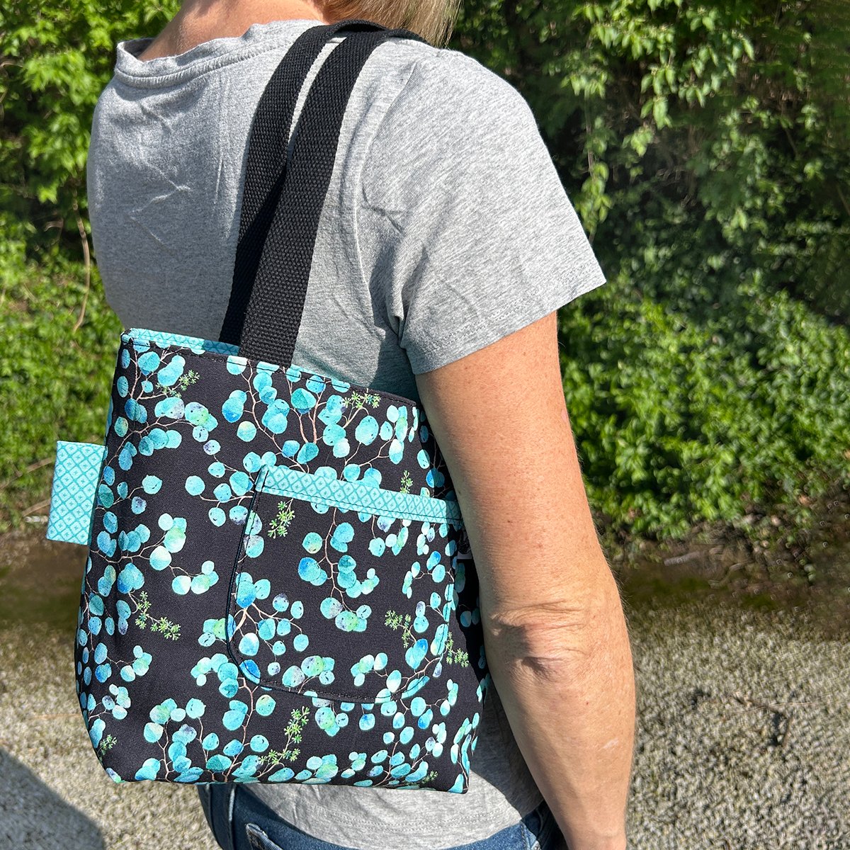 Eucalyptus Botanical Print Mini Tote Bag - Black and Aqua Blue Shoulder Bag - Image 2