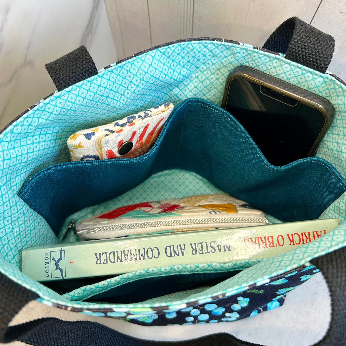 Eucalyptus Botanical Print Mini Tote Bag - Black and Aqua Blue Shoulder Bag - Image 8