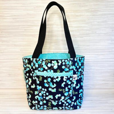 Eucalyptus Botanical Print Mini Tote Bag - Black and Aqua Blue Shoulder Bag