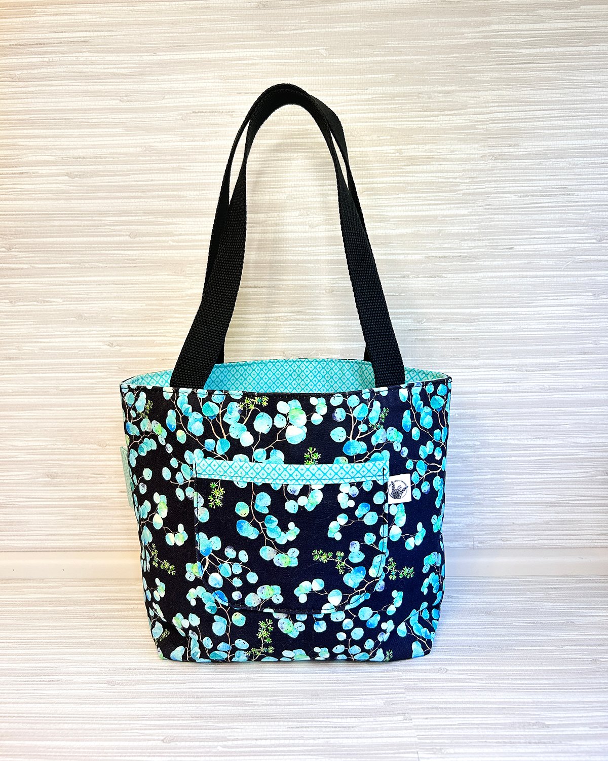 Eucalyptus Botanical Print Mini Tote Bag - Black and Aqua Blue Shoulder Bag