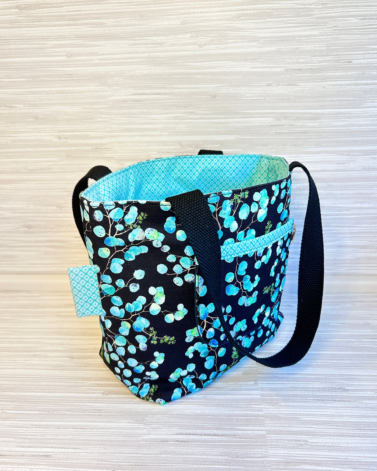 Eucalyptus Botanical Print Mini Tote Bag - Black and Aqua Blue Shoulder Bag - Image 4