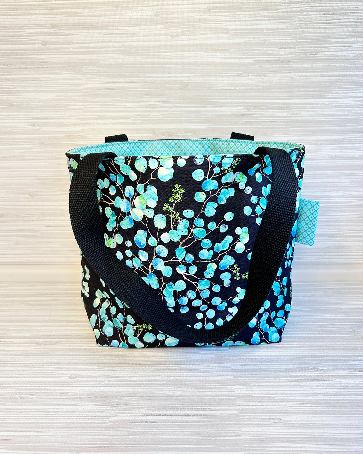 Eucalyptus Botanical Print Mini Tote Bag - Black and Aqua Blue Shoulder Bag - Image 3