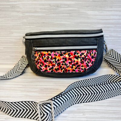 Charcoal Gray Waxed Canvas Fanny Pack - Black, Red, Pink Painterly Print Clamshell Sling Bag