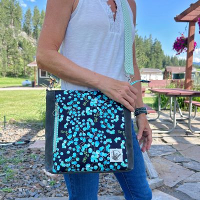 botanical eucalyptus print crossbody messenger bag in aqua blue and black