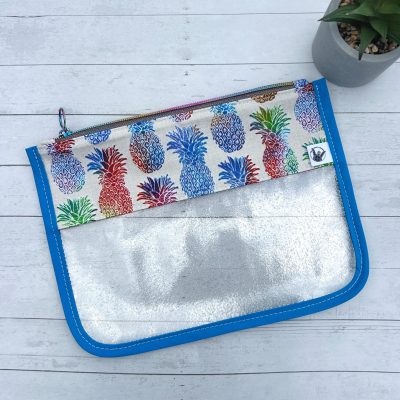 multicolor pineapple print and clear glitter vinyl flap zipper pouch
