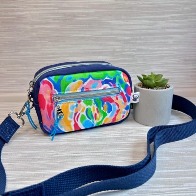 Colorful Preppy Mini Crossbody Bag - Blue Waxed Canvas Cell Phone Bag - Cute Cruise Bag