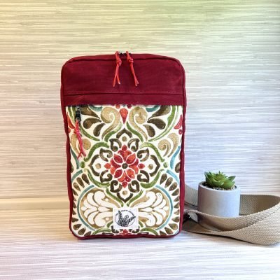 Red Waxed Canvas Sling Bag Boho Style Accent Fabric - Sandhill Sling Crossbody Bag
