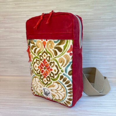 Red Waxed Canvas Sling Bag Boho Style Accent Fabric - Sandhill Sling Crossbody Bag
