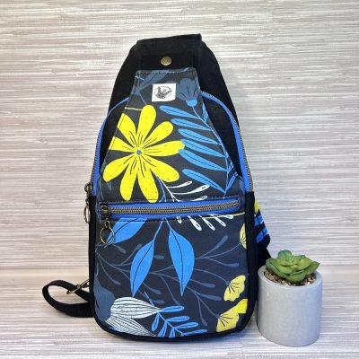 Black Waxed Canvas Retro Sling Bag: Vibrant Floral Print Crossbody Backpack