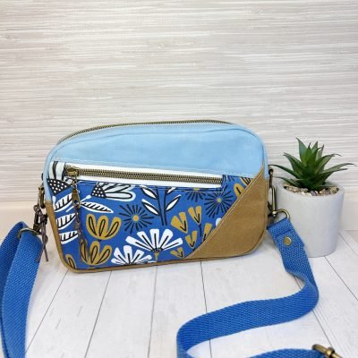 Waxed Canvas Crossbody Bag - Blue and Brown Floral Print Camera Bag