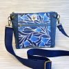 Dark Blue Waxed Canvas Crossbody Bag  - Botanical Floral Print Medium Size Minimalist Purse