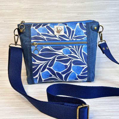 Dark Blue Waxed Canvas Crossbody Bag - Botanical Floral Print Medium Size Minimalist Purse