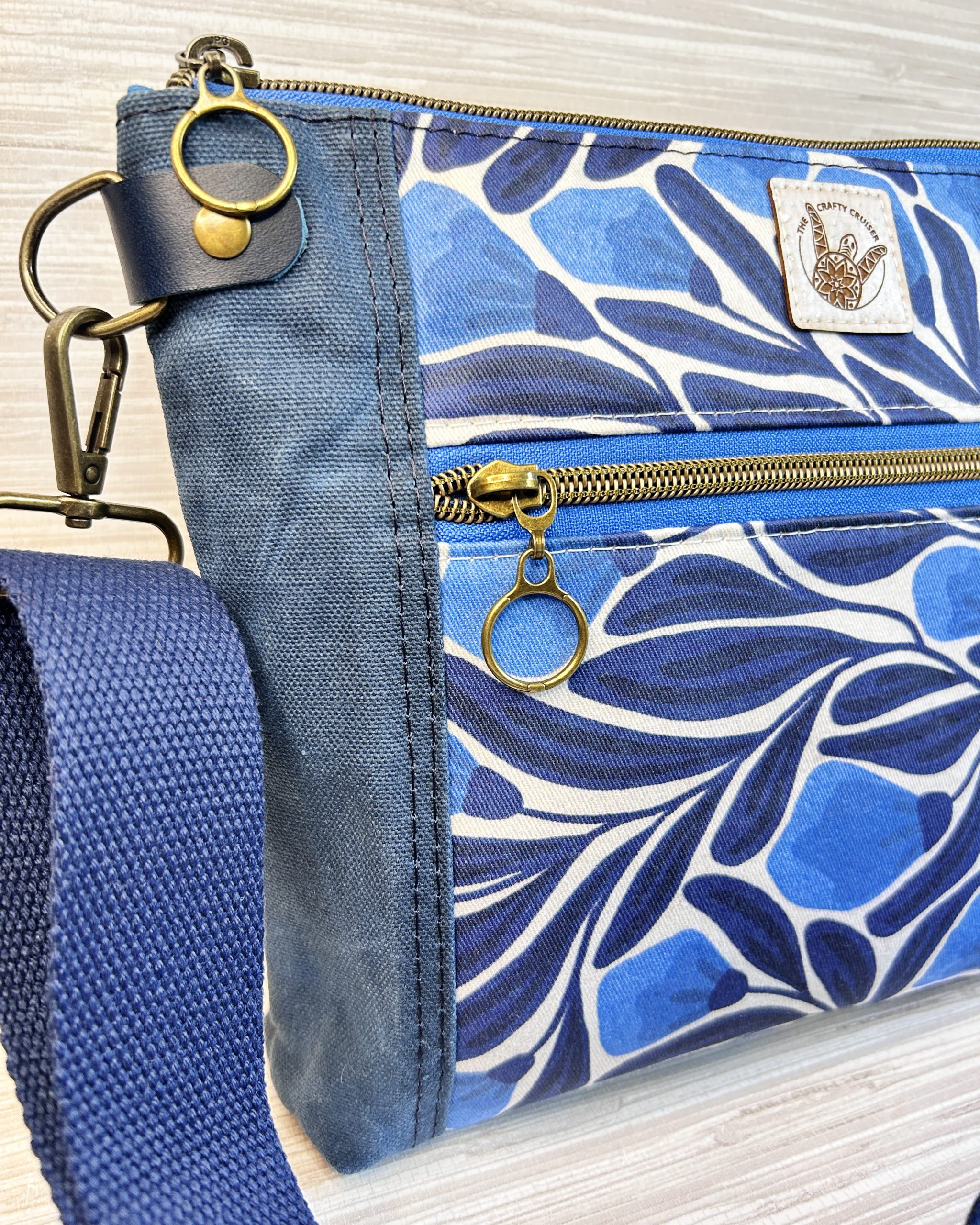 Dark Blue Waxed Canvas Crossbody Bag - Botanical Floral Print Medium Size Minimalist Purse - Image 7