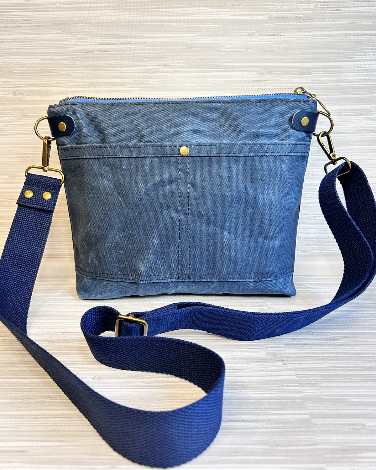 Dark Blue Waxed Canvas Crossbody Bag - Botanical Floral Print Medium Size Minimalist Purse - Image 3