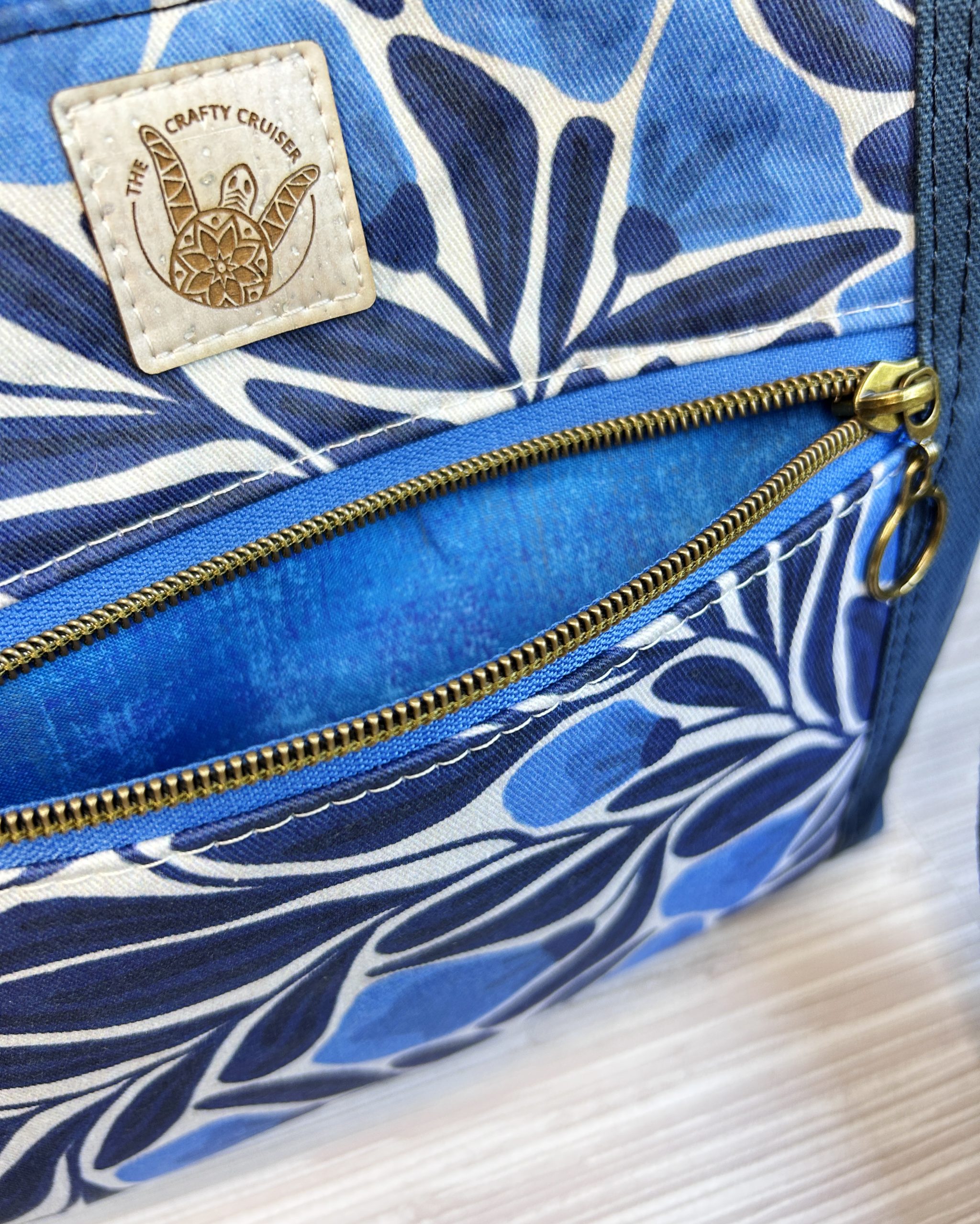 Dark Blue Waxed Canvas Crossbody Bag - Botanical Floral Print Medium Size Minimalist Purse - Image 6