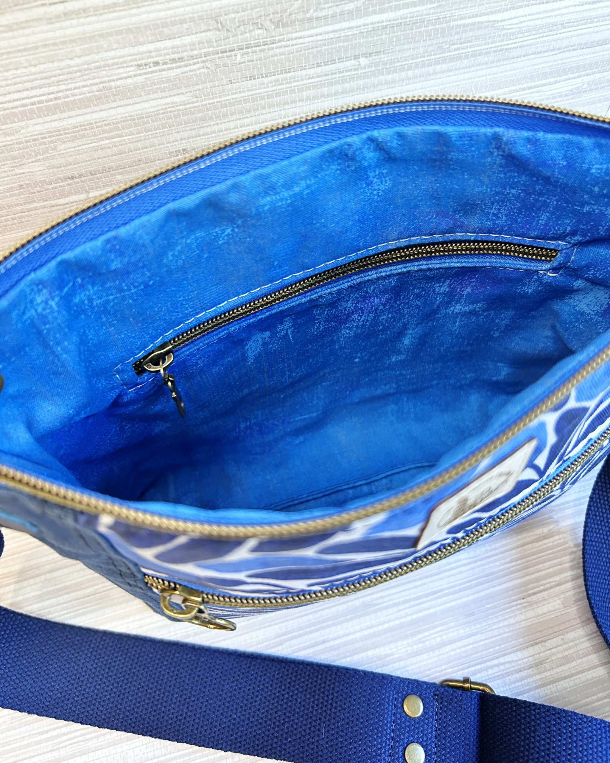 Dark Blue Waxed Canvas Crossbody Bag - Botanical Floral Print Medium Size Minimalist Purse - Image 10