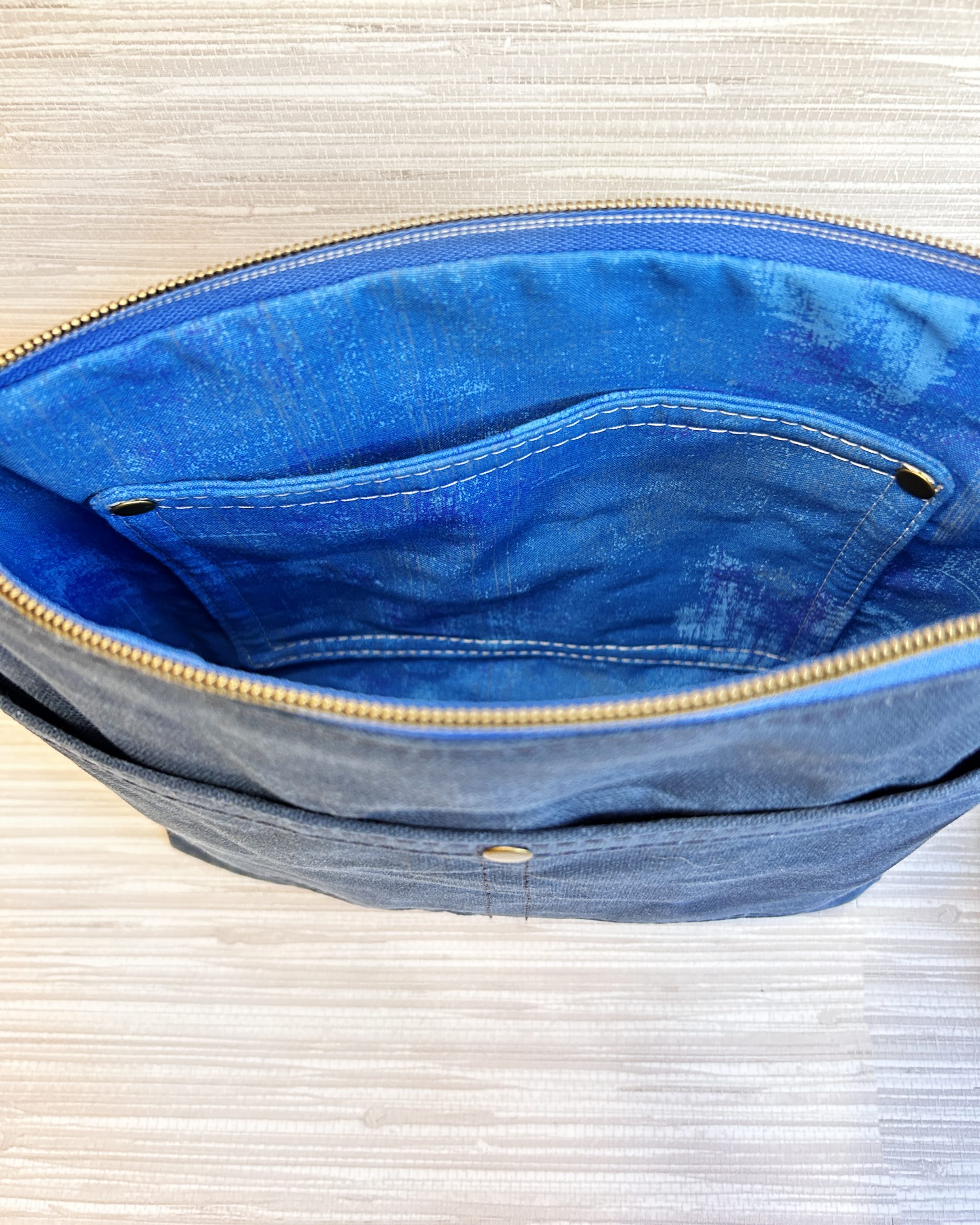 Dark Blue Waxed Canvas Crossbody Bag - Botanical Floral Print Medium Size Minimalist Purse - Image 8