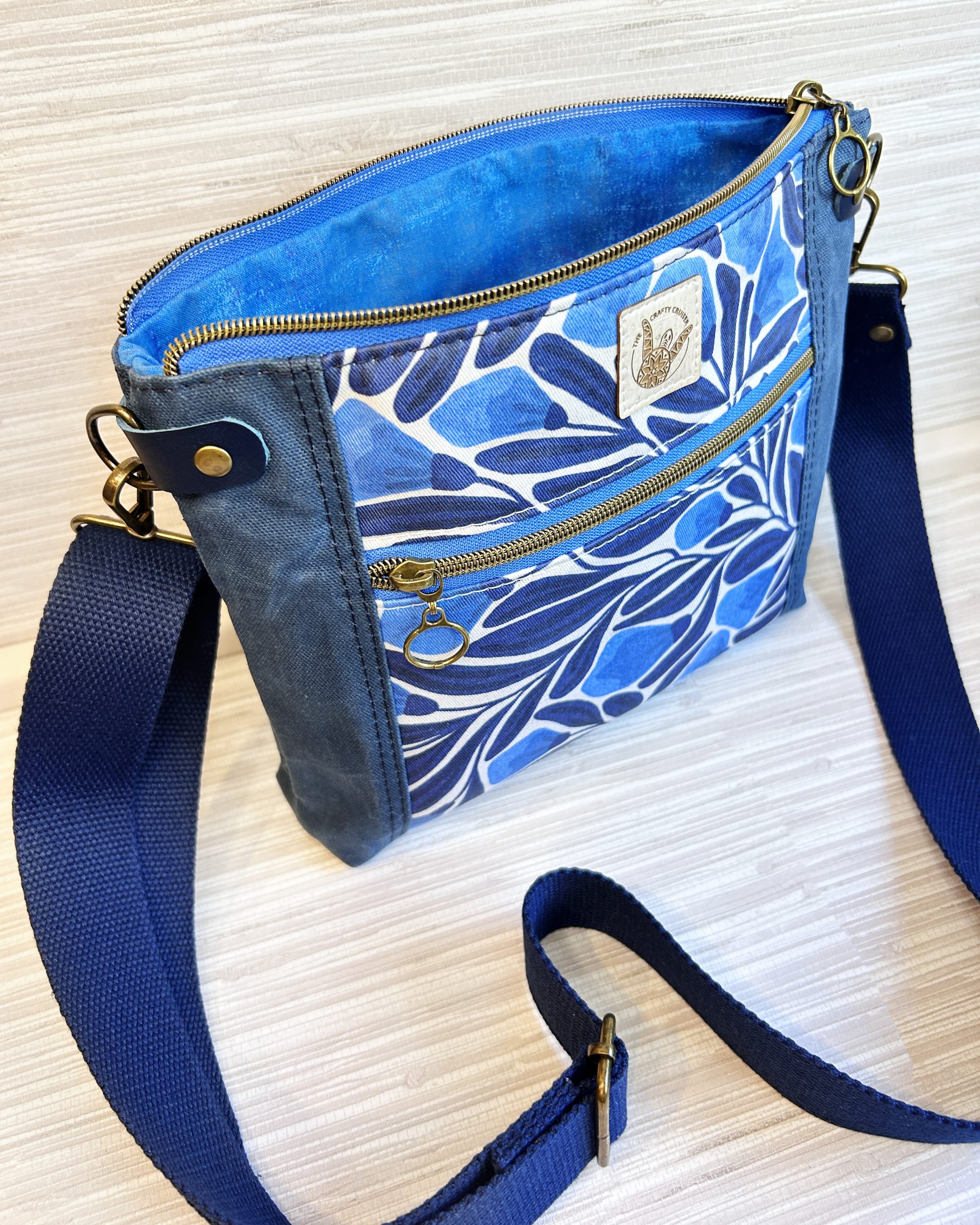 Dark Blue Waxed Canvas Crossbody Bag - Botanical Floral Print Medium Size Minimalist Purse - Image 4