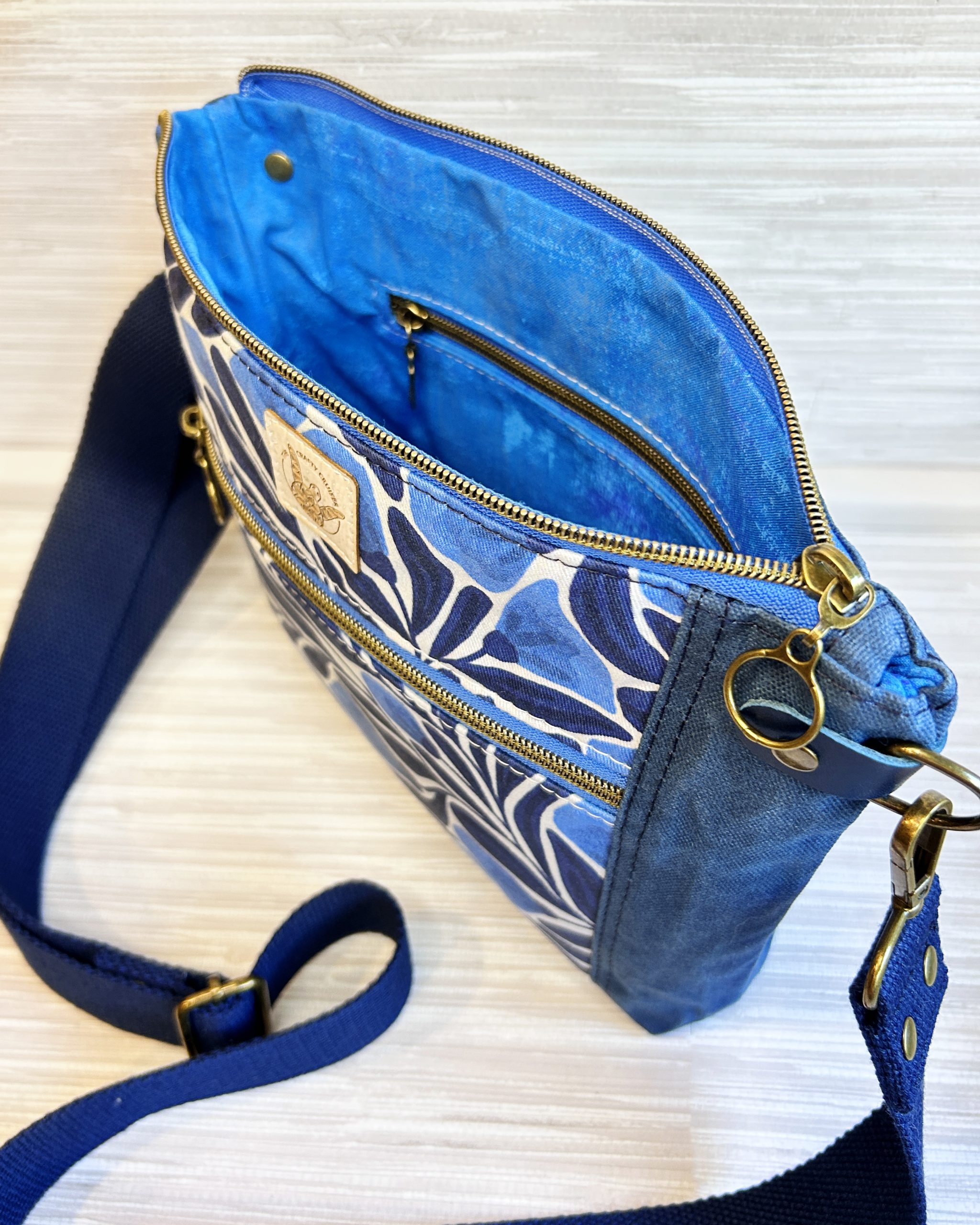Dark Blue Waxed Canvas Crossbody Bag - Botanical Floral Print Medium Size Minimalist Purse - Image 5