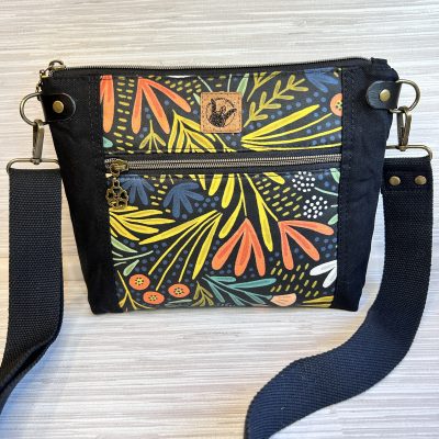 Black Waxed Canvas Crossbody Bag - Vibrant Floral Medium Size Purse - Minimalist Shoulder Bag