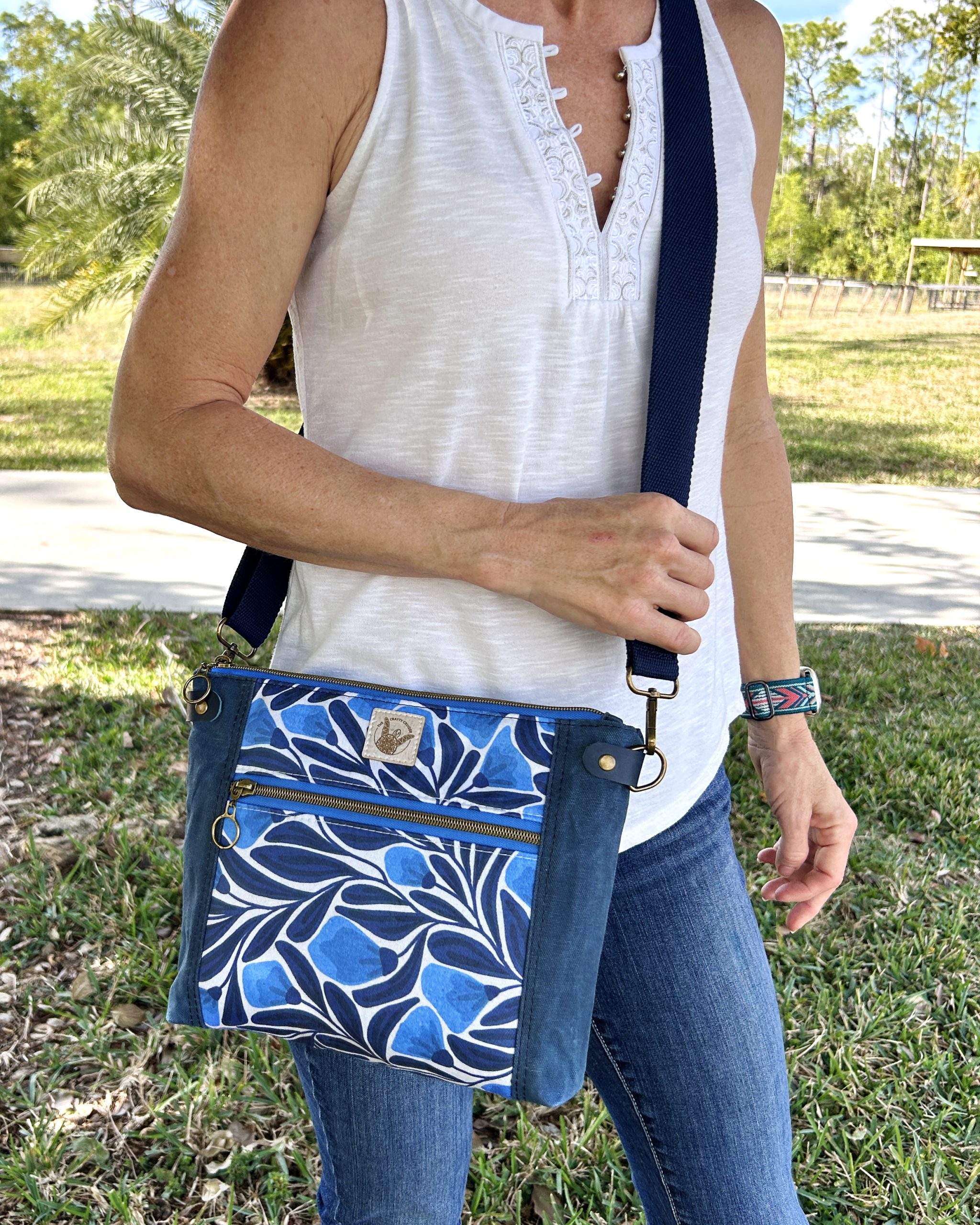 Dark Blue Waxed Canvas Crossbody Bag - Botanical Floral Print Medium Size Minimalist Purse - Image 2