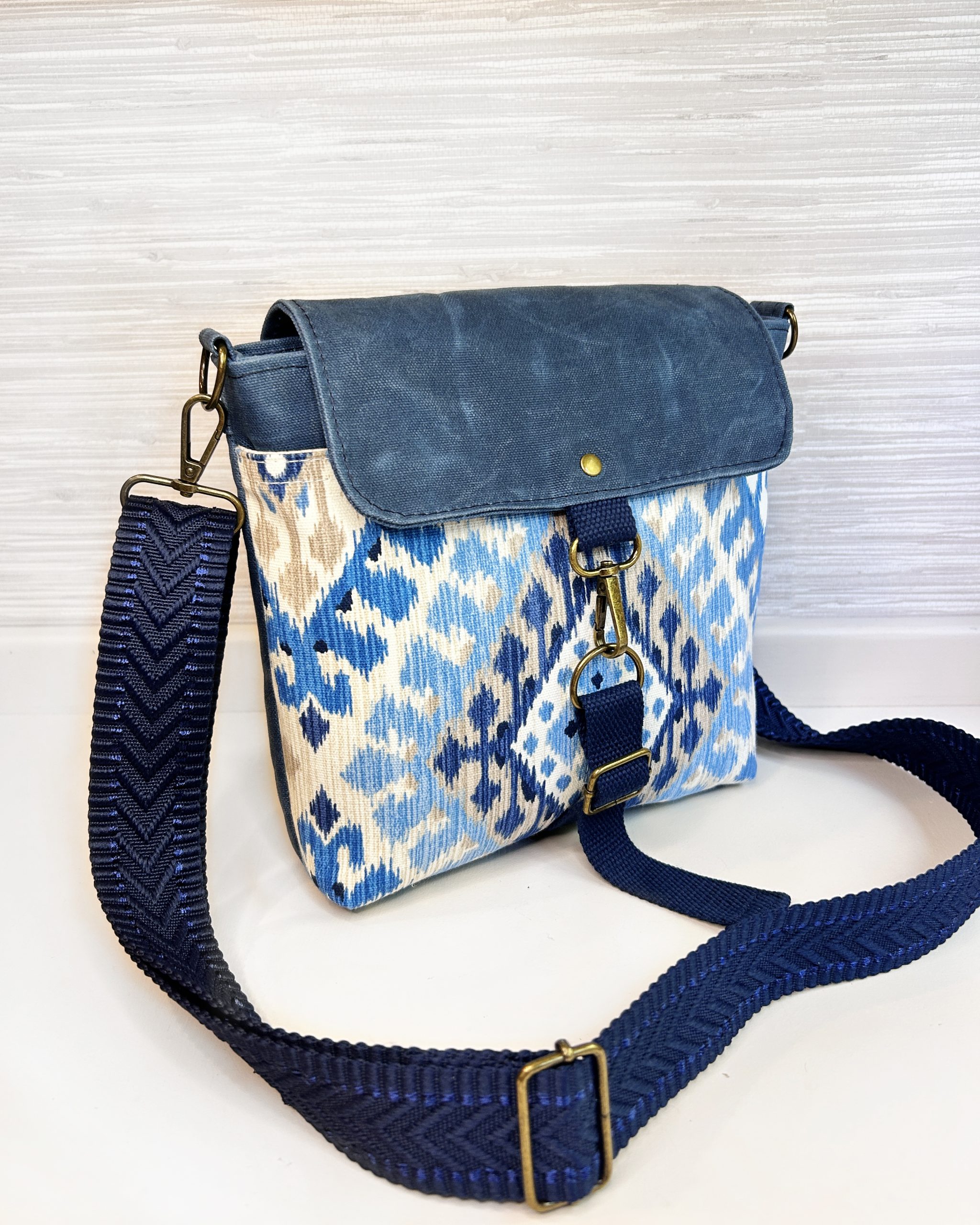 Handmade Women's Crossbody Messenger Bag - Navy Blue Satchel with Waxed Canvas Flap - Image 2