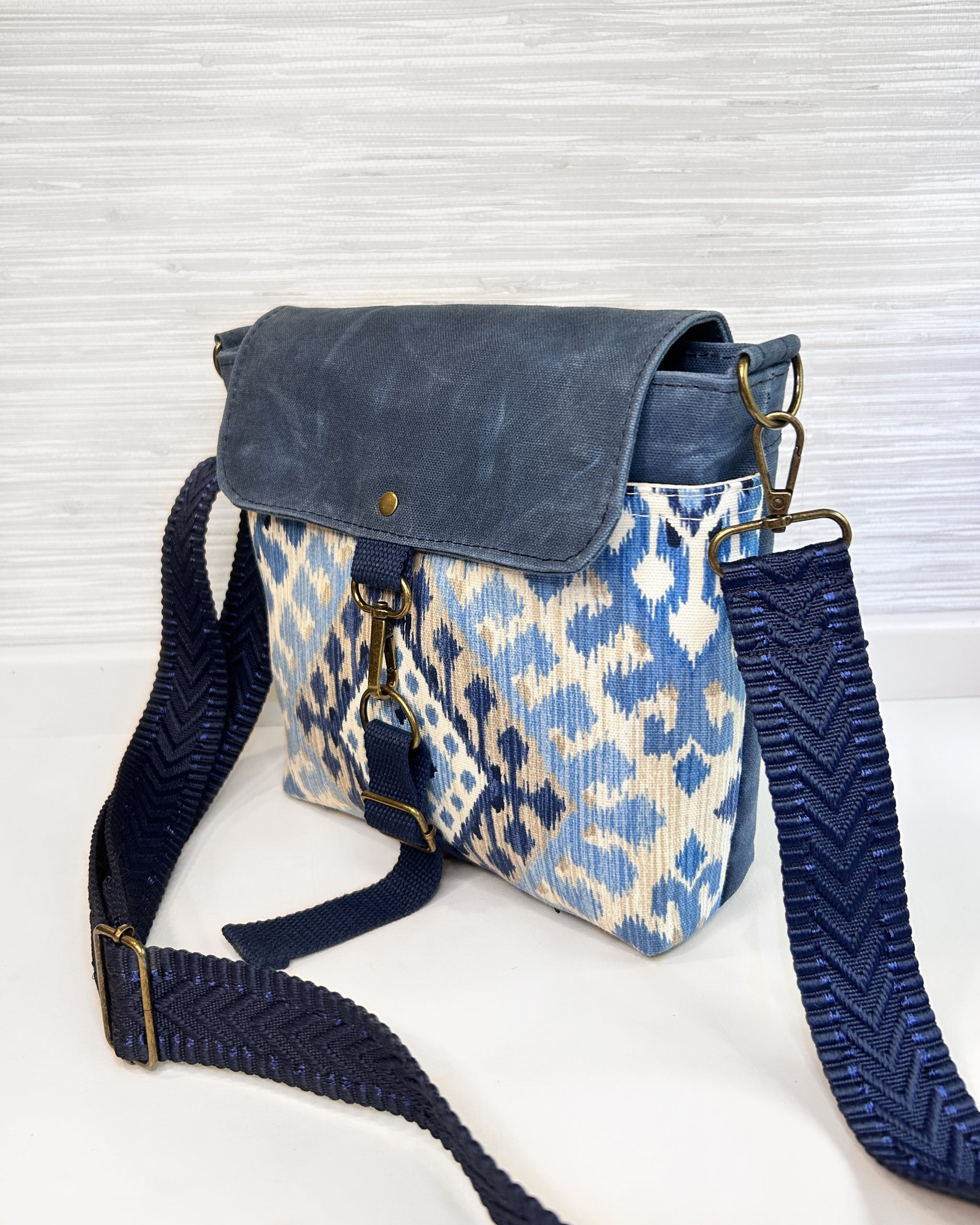 Handmade Women's Crossbody Messenger Bag - Navy Blue Satchel with Waxed Canvas Flap - Image 3
