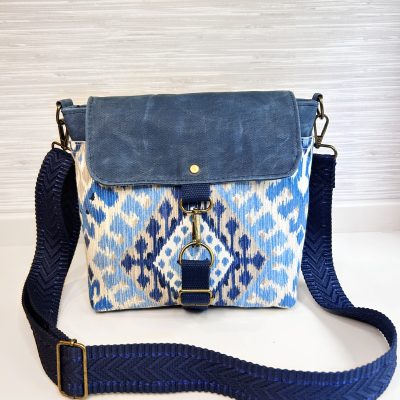 Handmade Women's Crossbody Messenger Bag - Navy Blue Satchel with Waxed Canvas Flap