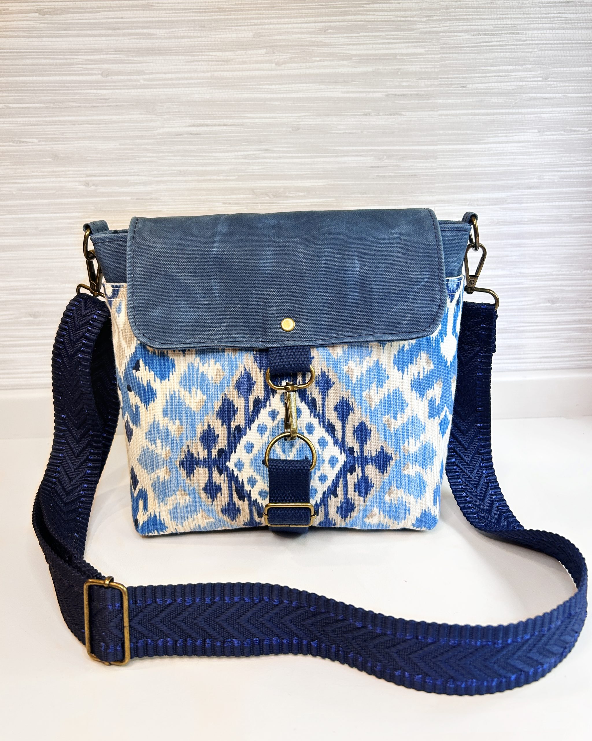 Handmade Women's Crossbody Messenger Bag - Navy Blue Satchel with Waxed Canvas Flap