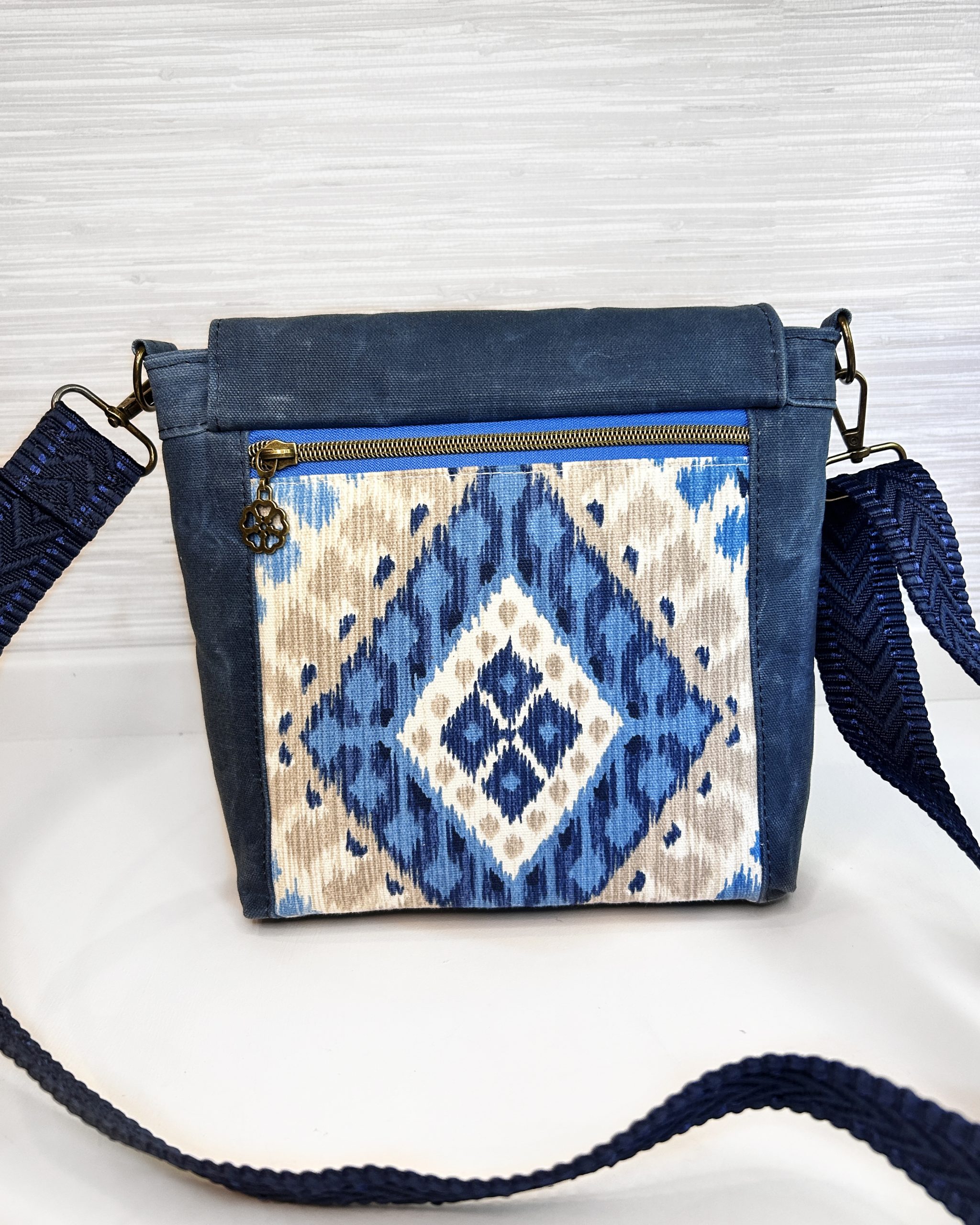 Handmade Women's Crossbody Messenger Bag - Navy Blue Satchel with Waxed Canvas Flap - Image 4