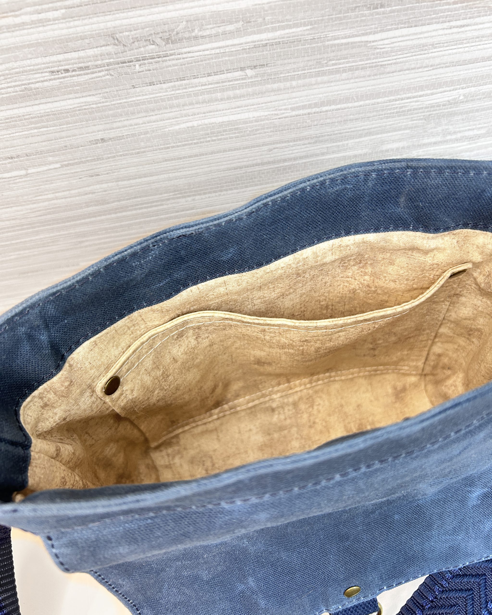 Handmade Women's Crossbody Messenger Bag - Navy Blue Satchel with Waxed Canvas Flap - Image 11