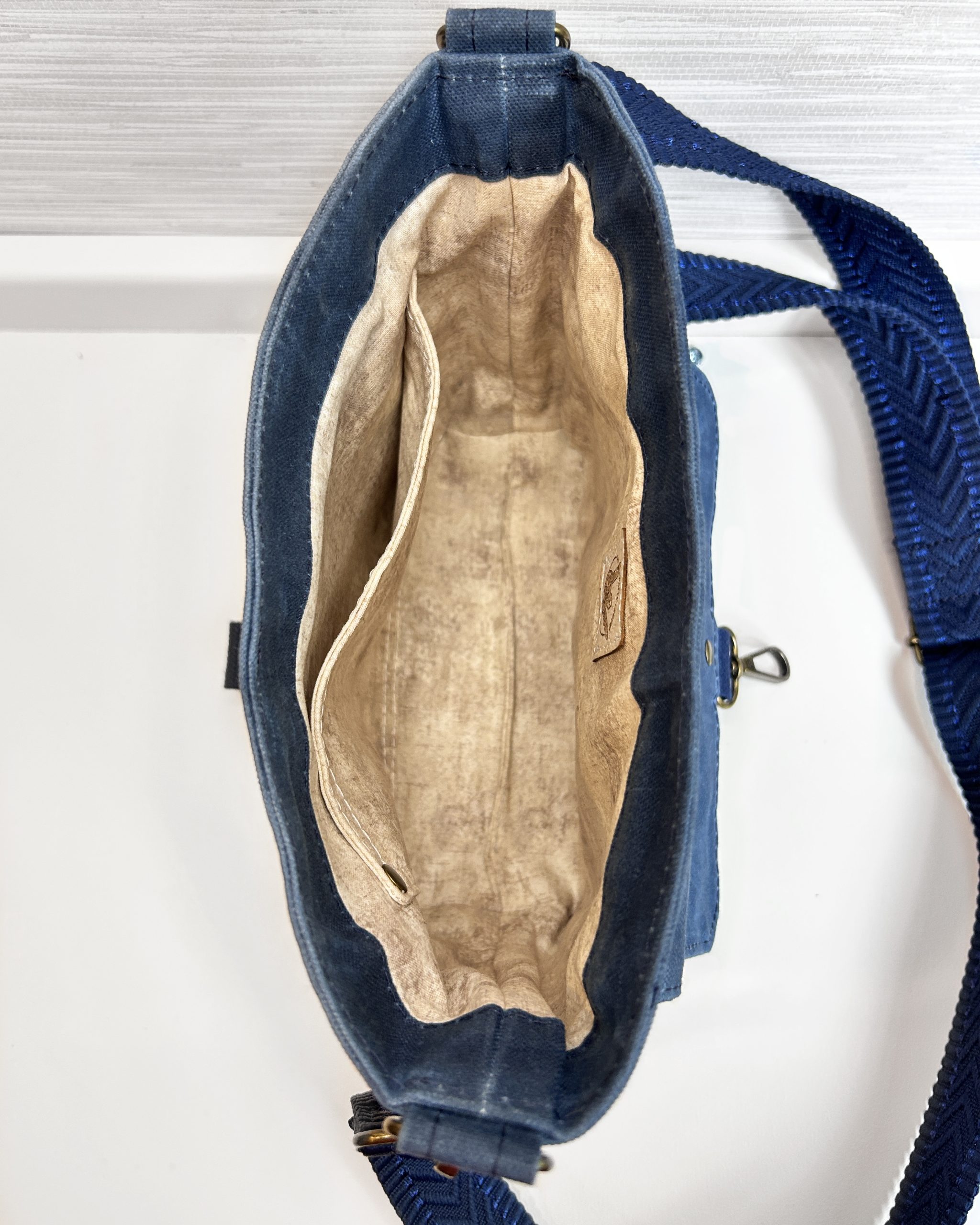 Handmade Women's Crossbody Messenger Bag - Navy Blue Satchel with Waxed Canvas Flap - Image 12