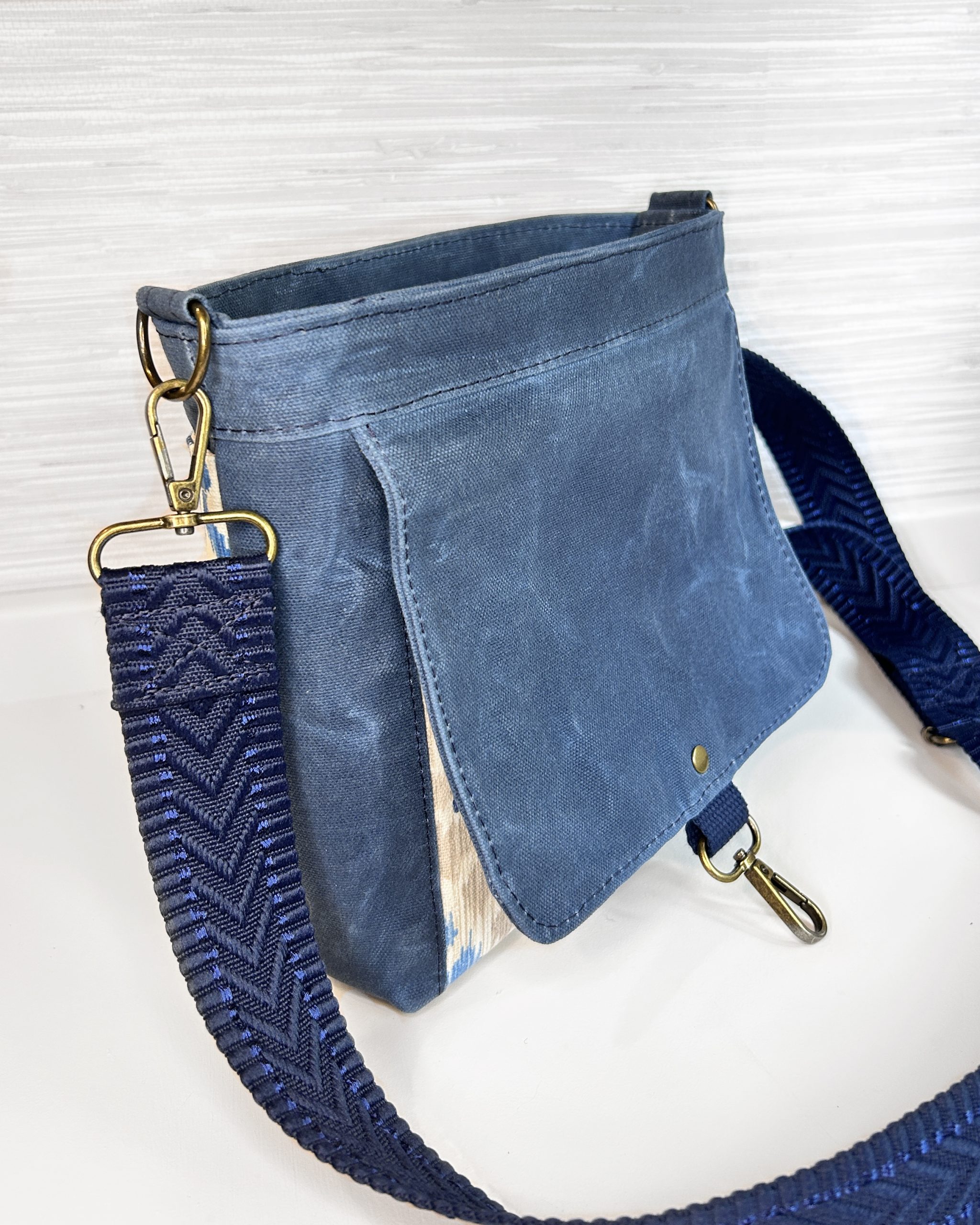 Handmade Women's Crossbody Messenger Bag - Navy Blue Satchel with Waxed Canvas Flap - Image 7