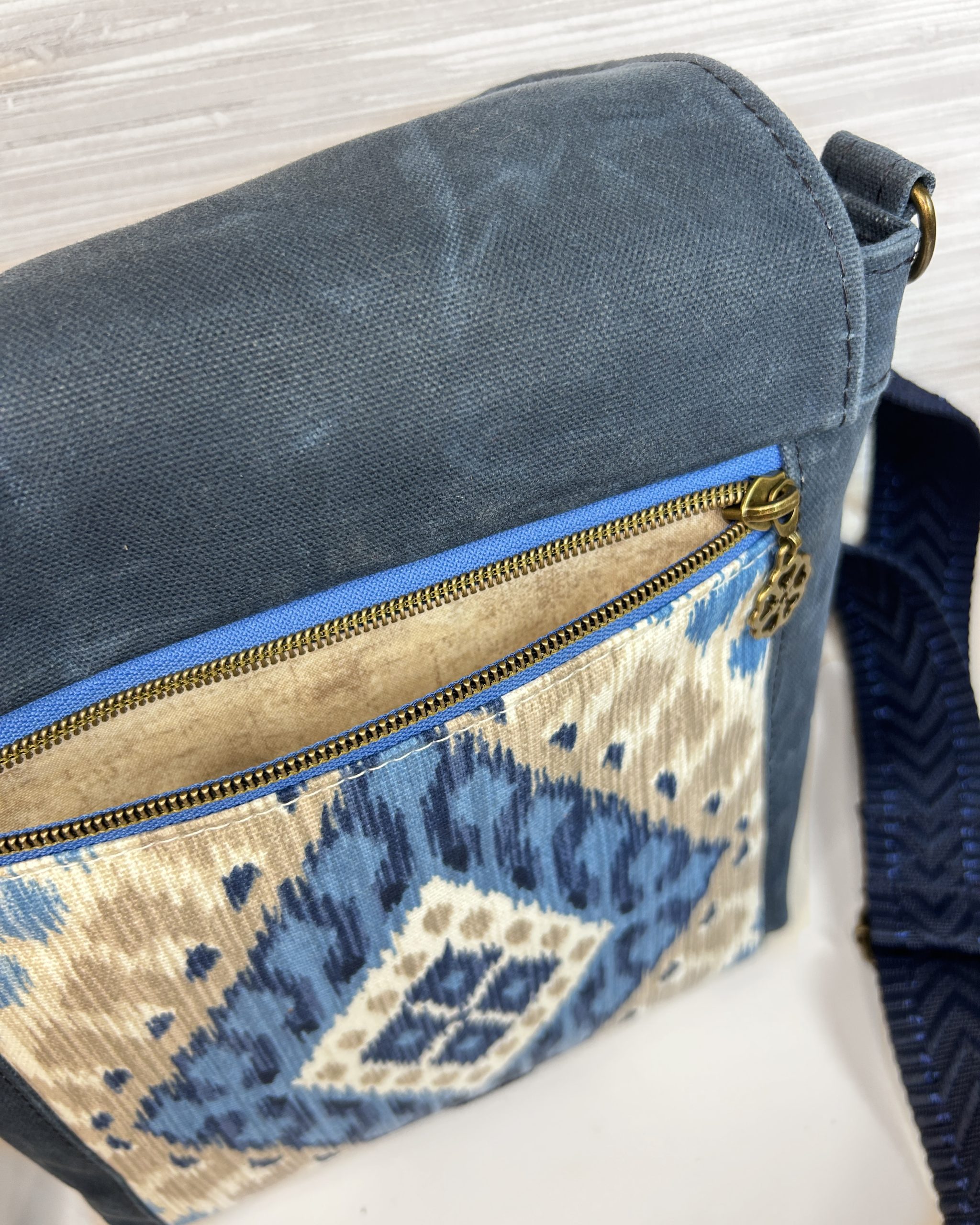 Handmade Women's Crossbody Messenger Bag - Navy Blue Satchel with Waxed Canvas Flap - Image 8