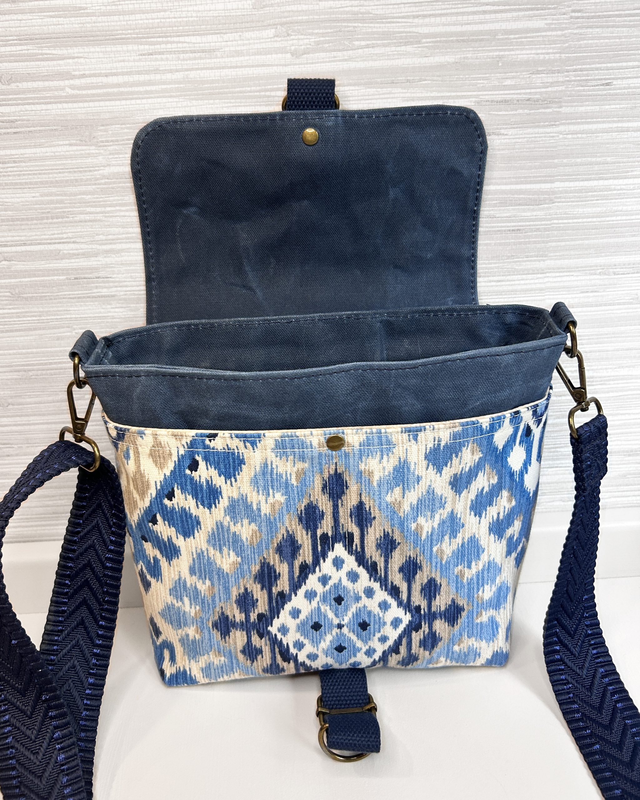 Handmade Women's Crossbody Messenger Bag - Navy Blue Satchel with Waxed Canvas Flap - Image 5