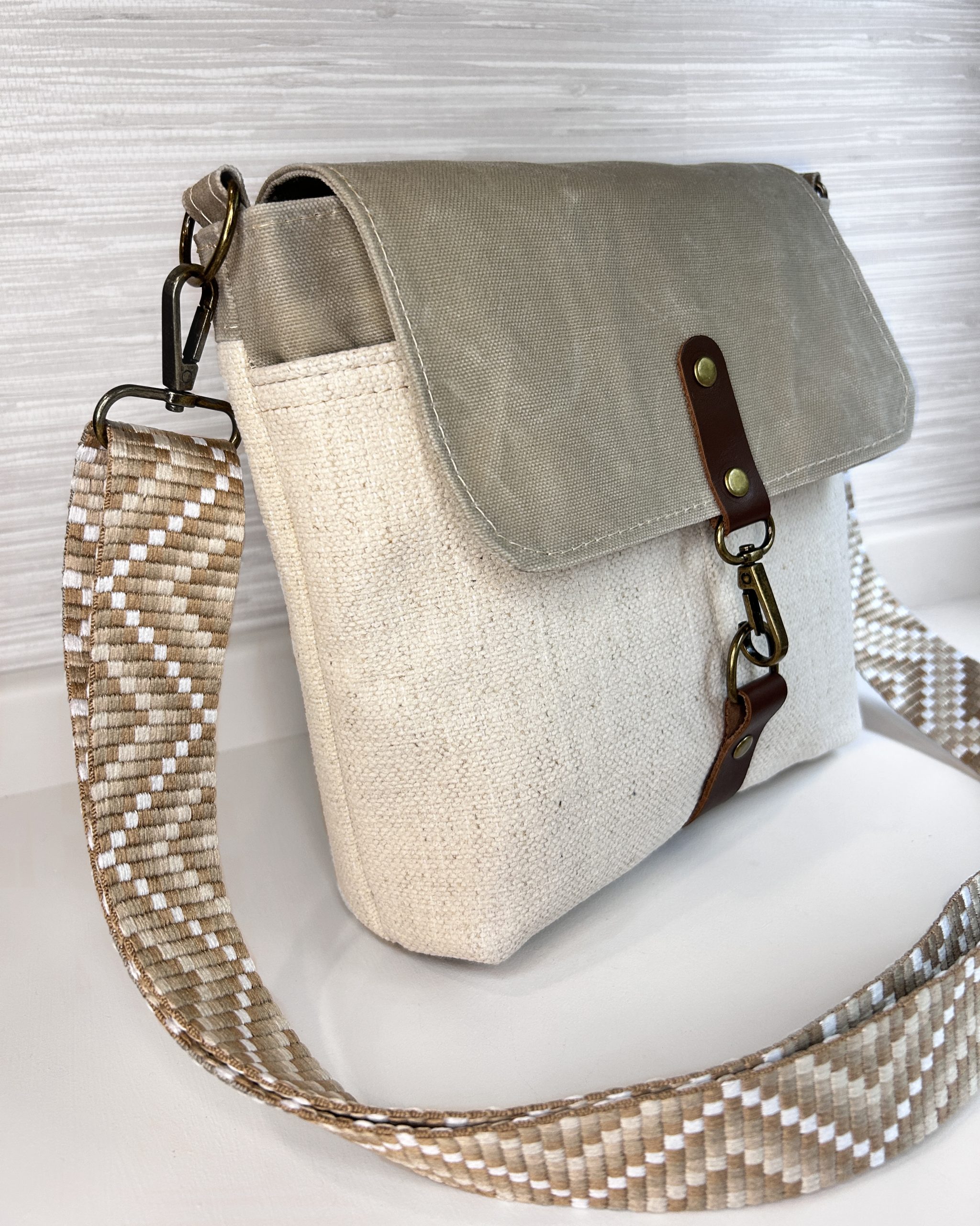 Handmade Women's Crossbody Messenger Bag - Navy Blue Satchel with Waxed Canvas Flap (Copy) - Image 4