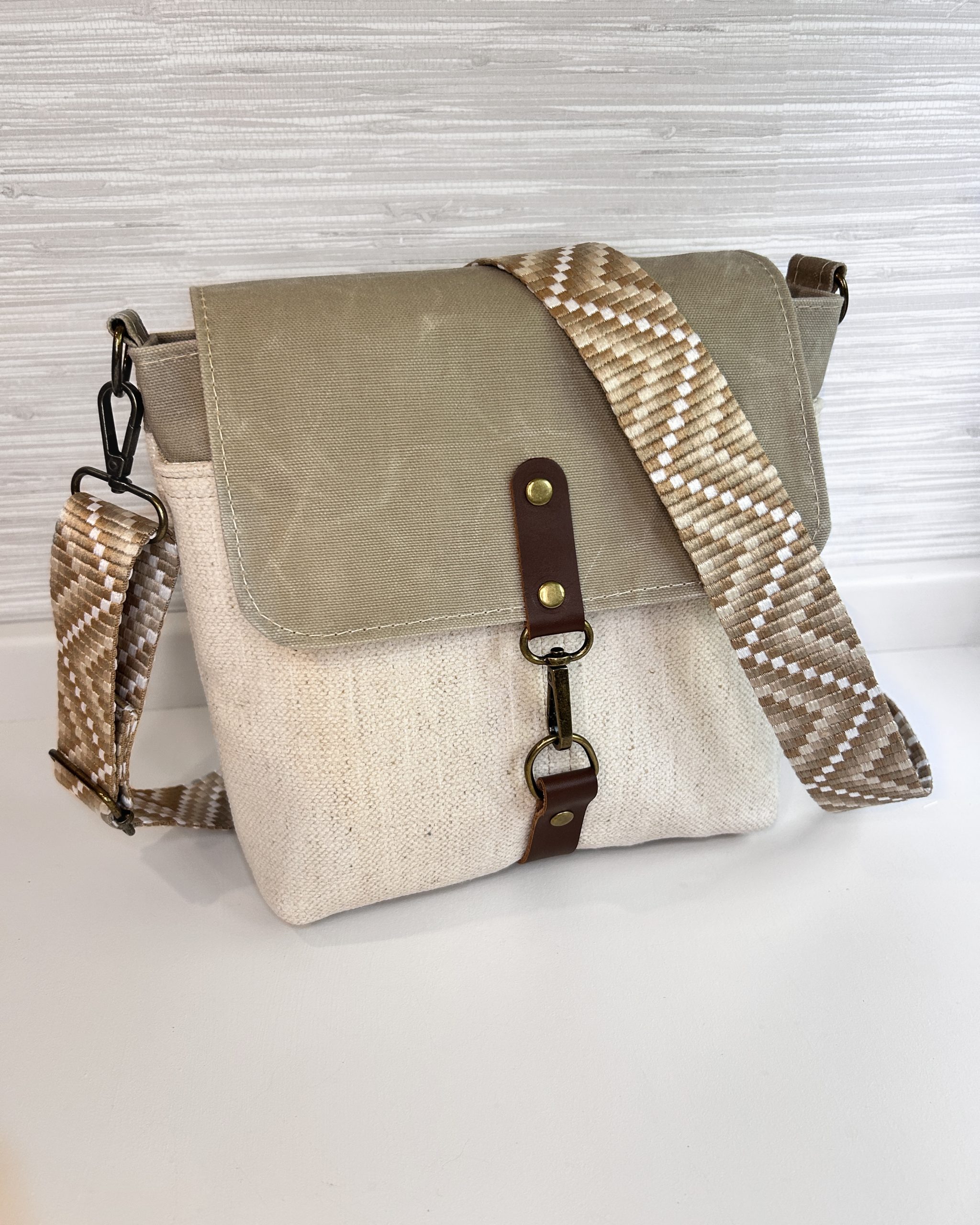 Handmade Women's Crossbody Messenger Bag - Navy Blue Satchel with Waxed Canvas Flap (Copy) - Image 2