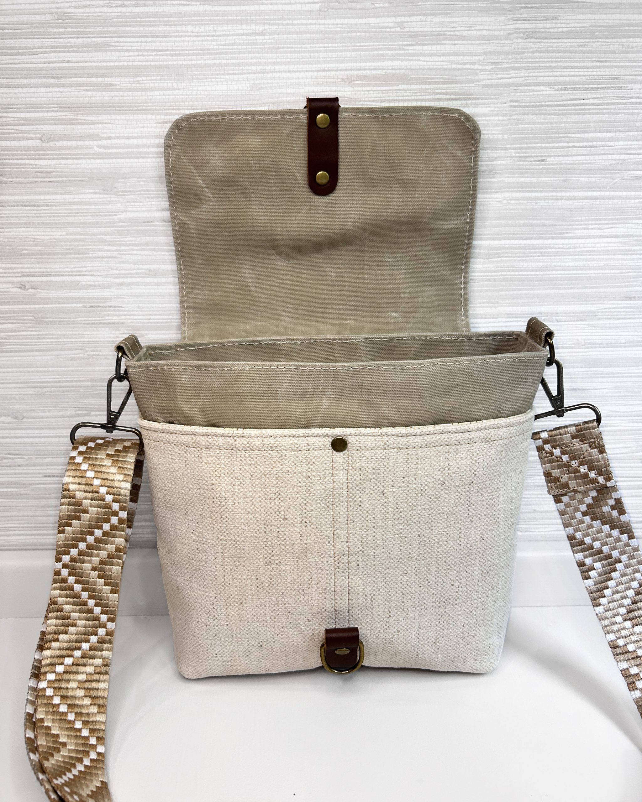 Handmade Women's Crossbody Messenger Bag - Navy Blue Satchel with Waxed Canvas Flap (Copy) - Image 11