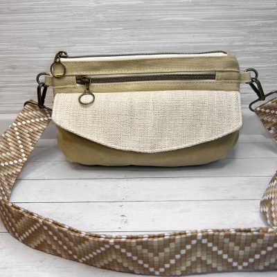 Neutral Beige Tan Belt Bag Front Flap Fanny Pack, Handmade Khaki Crossbody Bag for Women