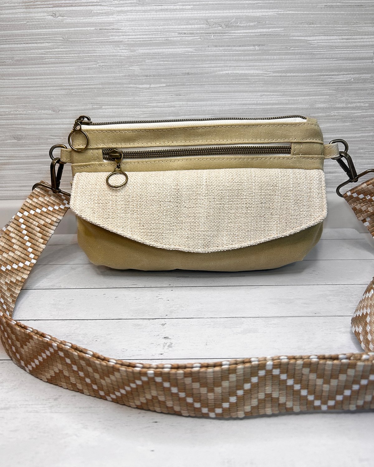 Neutral Beige Tan Belt Bag Front Flap Fanny Pack, Handmade Khaki Crossbody Bag for Women
