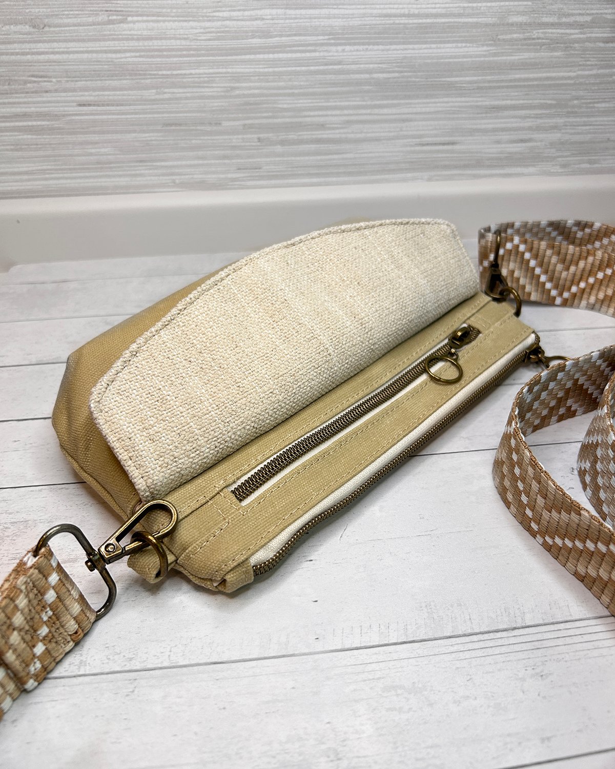 Neutral Beige Tan Belt Bag Front Flap Fanny Pack, Handmade Khaki Crossbody Bag for Women - Image 5