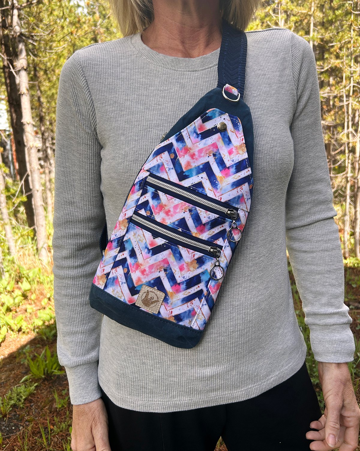 Navy Waxed Canvas Mini Sling Bag – Watercolor Chevron Travel Crossbody Bag with Dual Zipper Pockets - Image 4
