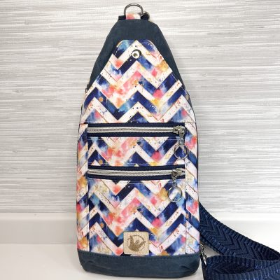 Navy Waxed Canvas Mini Sling Bag  – Watercolor Chevron Travel Crossbody Bag with Dual Zipper Pockets