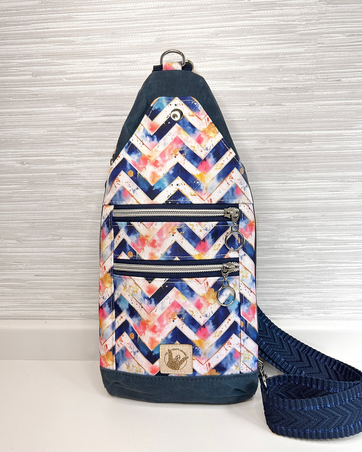 Navy Waxed Canvas Mini Sling Bag – Watercolor Chevron Travel Crossbody Bag with Dual Zipper Pockets