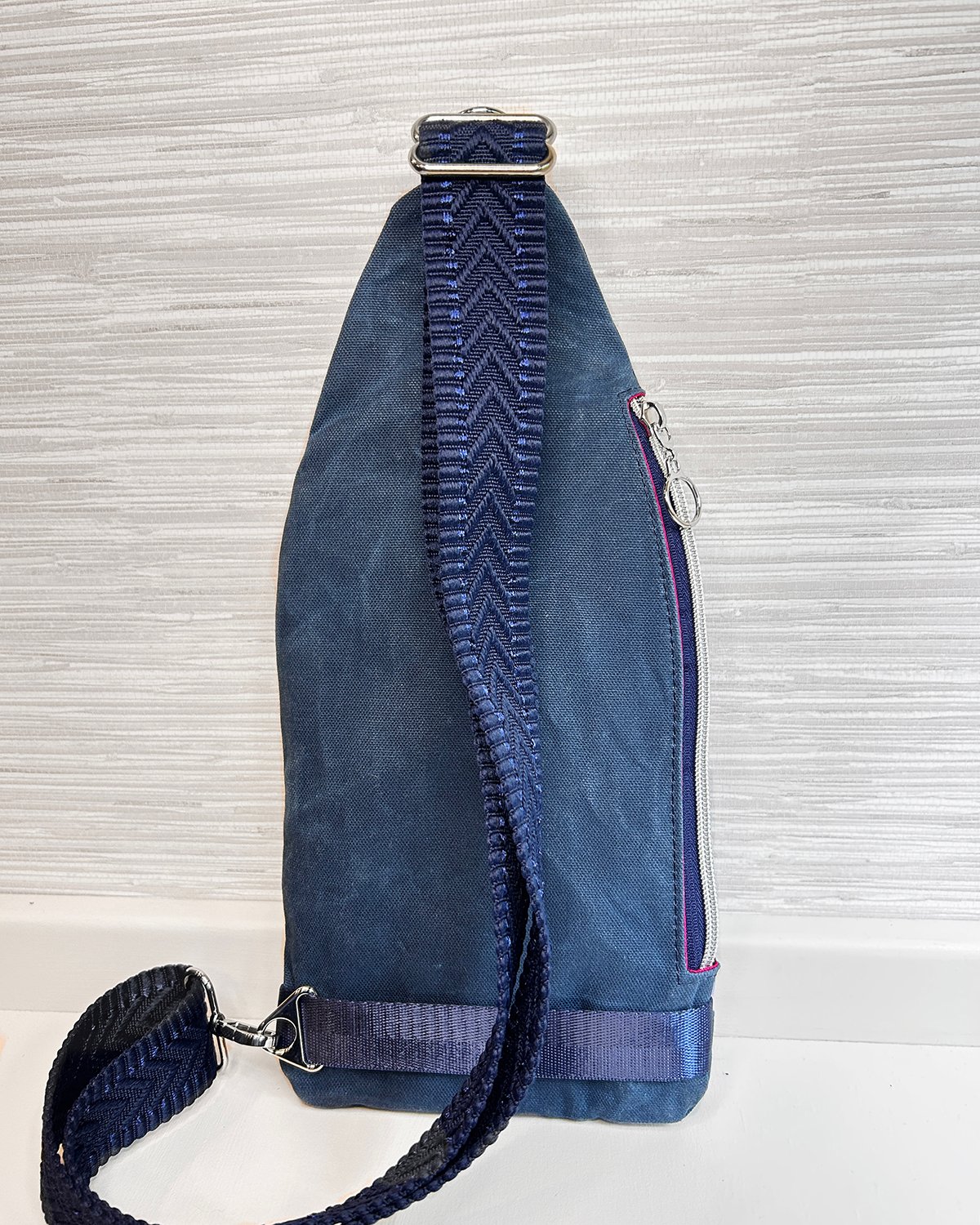 Navy Waxed Canvas Mini Sling Bag – Watercolor Chevron Travel Crossbody Bag with Dual Zipper Pockets - Image 3