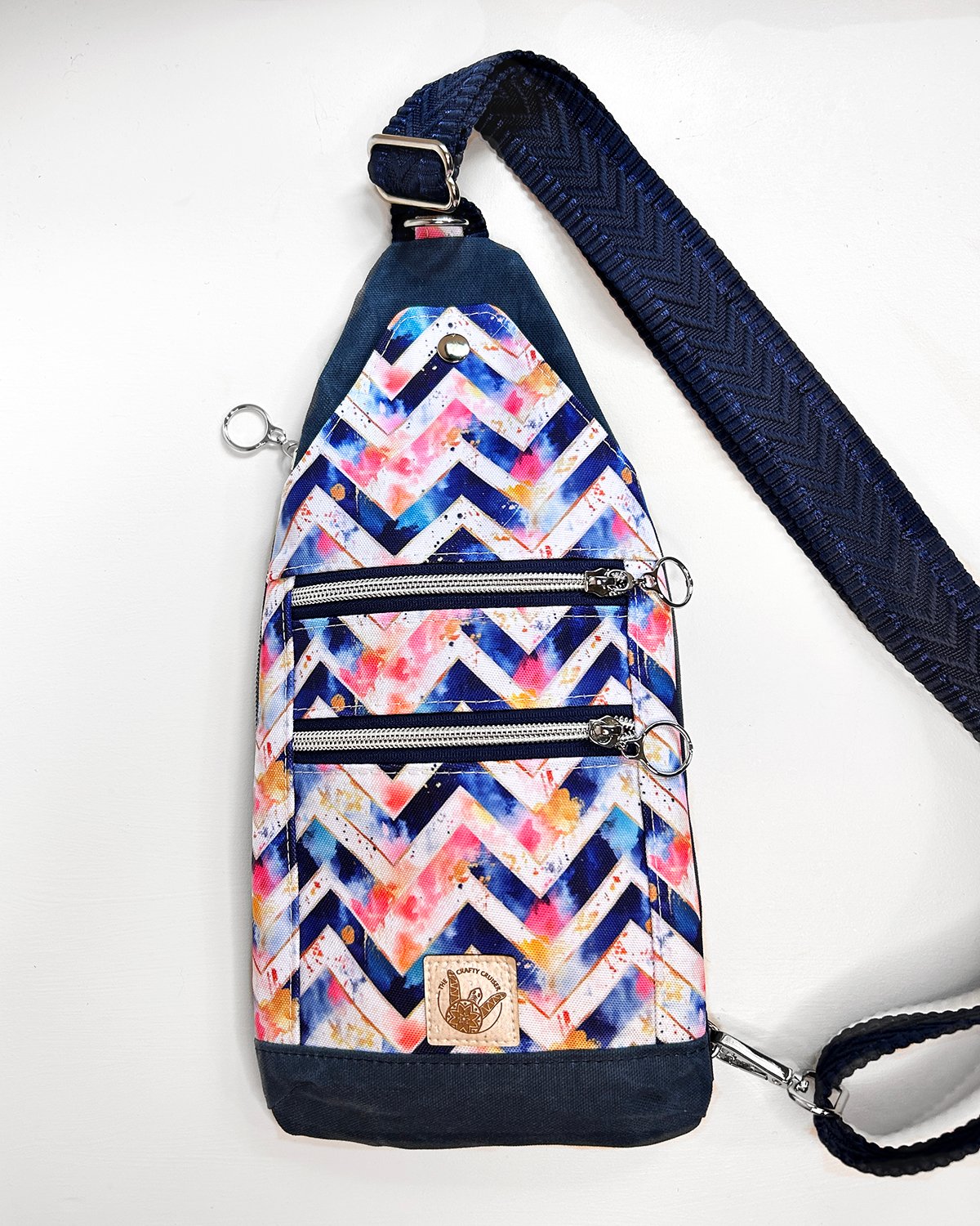 Navy Waxed Canvas Mini Sling Bag – Watercolor Chevron Travel Crossbody Bag with Dual Zipper Pockets - Image 2