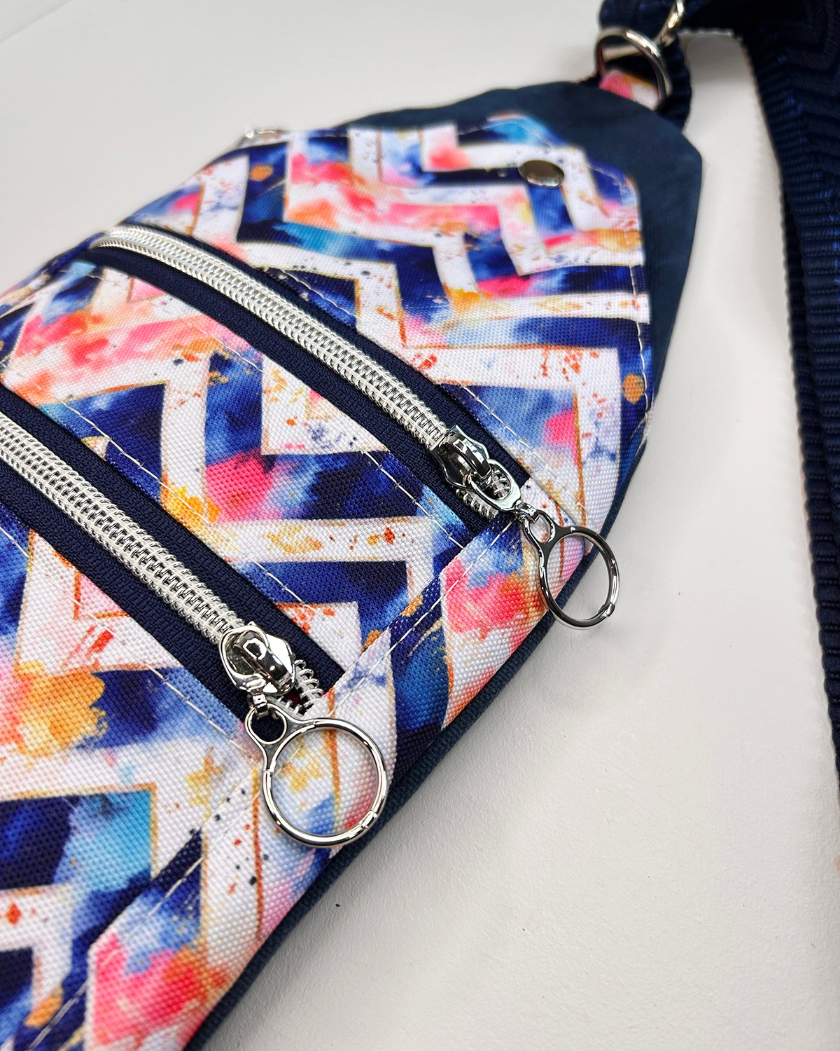 Navy Waxed Canvas Mini Sling Bag – Watercolor Chevron Travel Crossbody Bag with Dual Zipper Pockets - Image 11