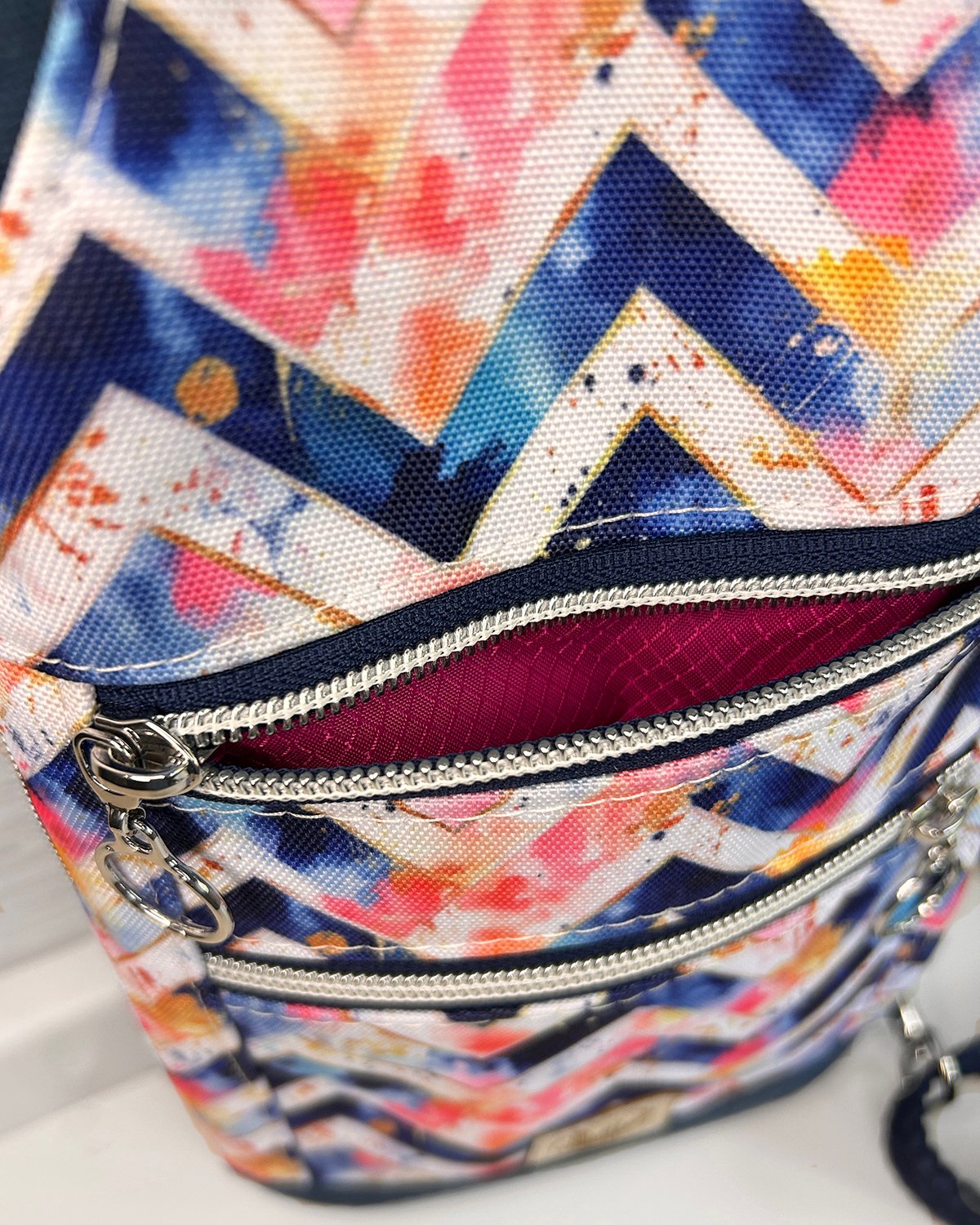 Navy Waxed Canvas Mini Sling Bag – Watercolor Chevron Travel Crossbody Bag with Dual Zipper Pockets - Image 10