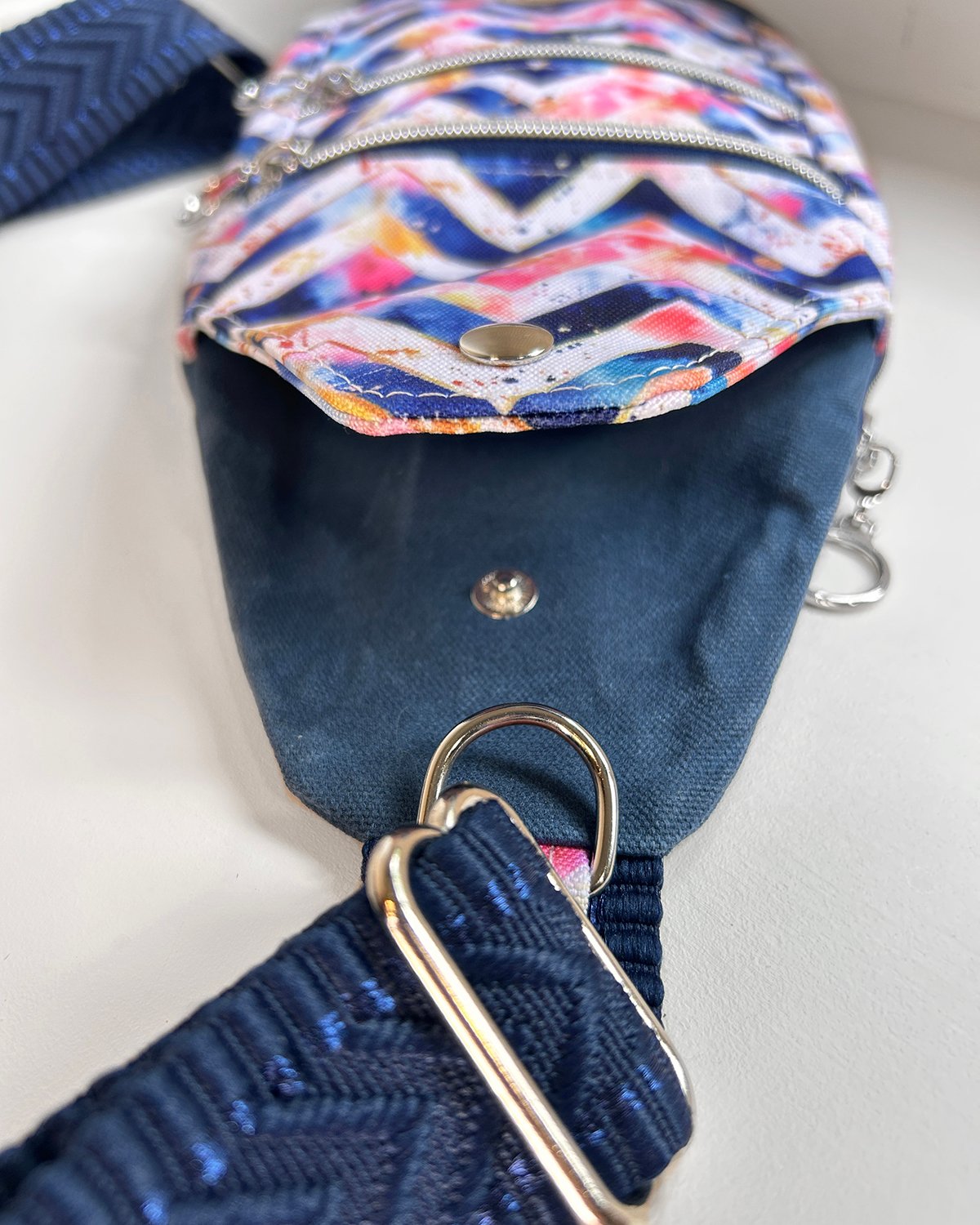 Navy Waxed Canvas Mini Sling Bag – Watercolor Chevron Travel Crossbody Bag with Dual Zipper Pockets - Image 9