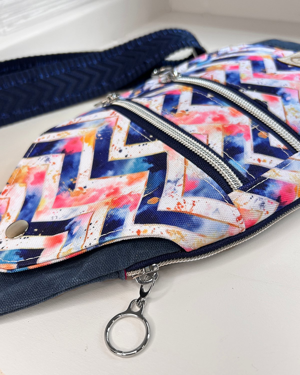 Navy Waxed Canvas Mini Sling Bag – Watercolor Chevron Travel Crossbody Bag with Dual Zipper Pockets - Image 8